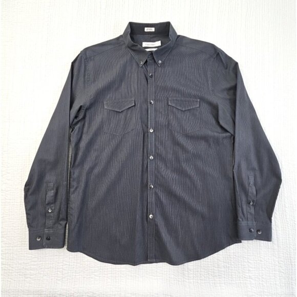Calvin Klein Button Down Shirt Men's L Black Grey Stripe Slim Fit EUC Old Money - Picture 1 of 15